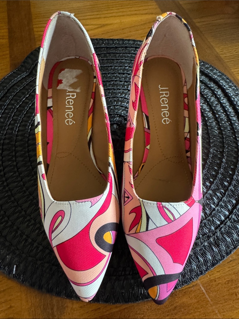 J.Renee Pink, White & Yellow Abstract Pointed-Toe wedge heel